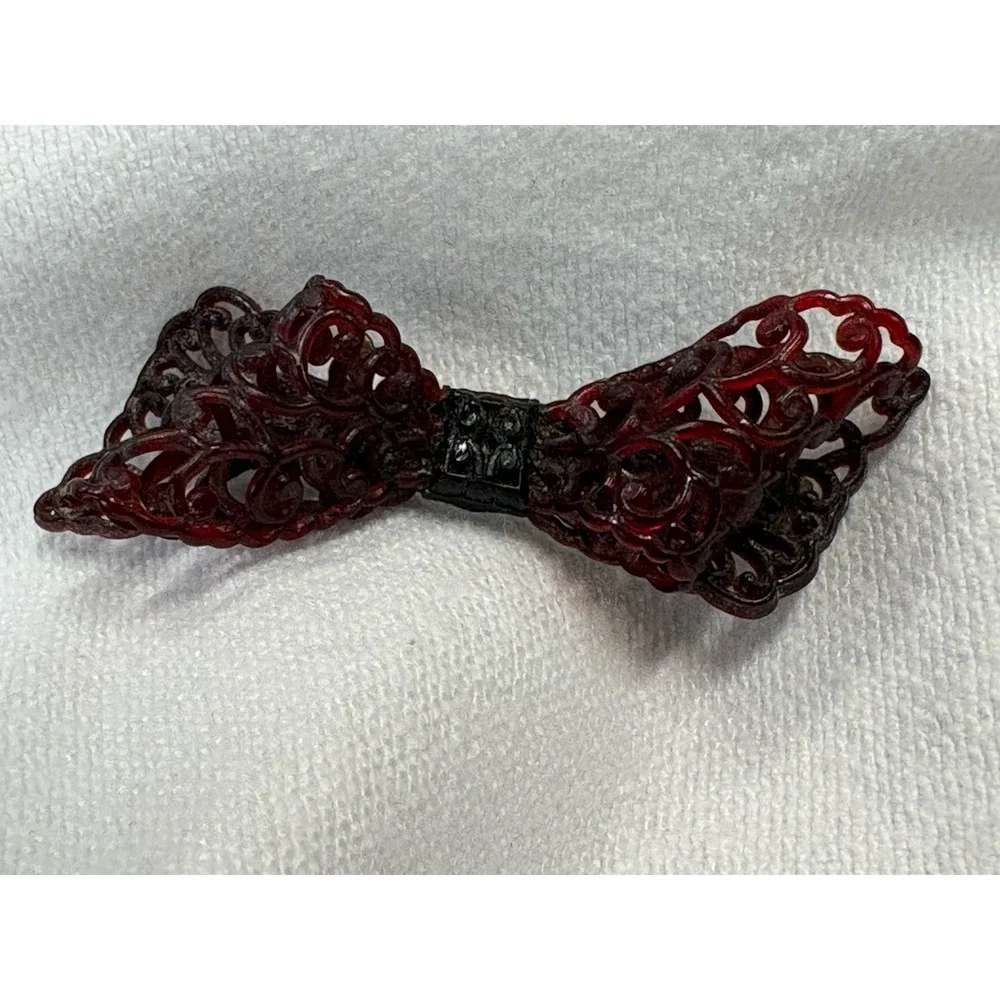 Vintage reddish Brown Bow Clasp Hair Barrette Victorian Celluloid Edwardian